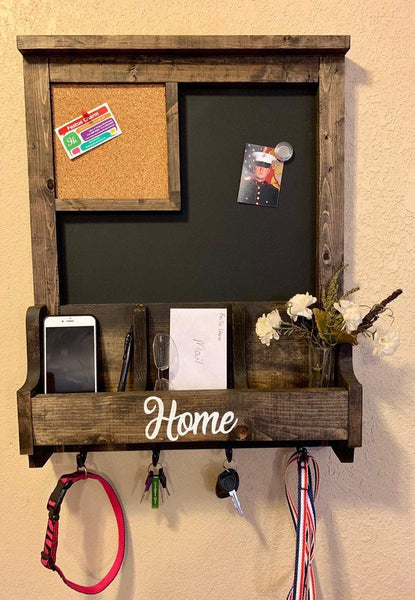 Wood wall organizer with chalkboard and cork